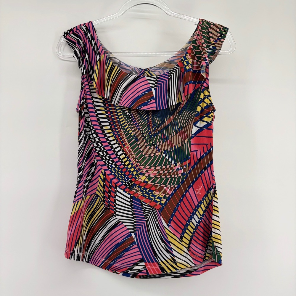 Baby Phat Women's XL Geometric Print‎ Sleeveless Ruffle Top Ruffle Keyhole Neck - Picture 4 of 6